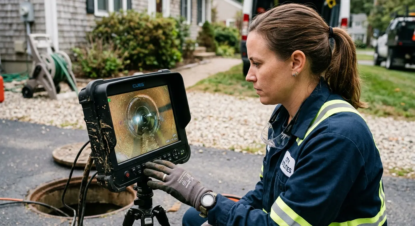 Technician reviewing sewer camera inspection footage in Cedar Mill