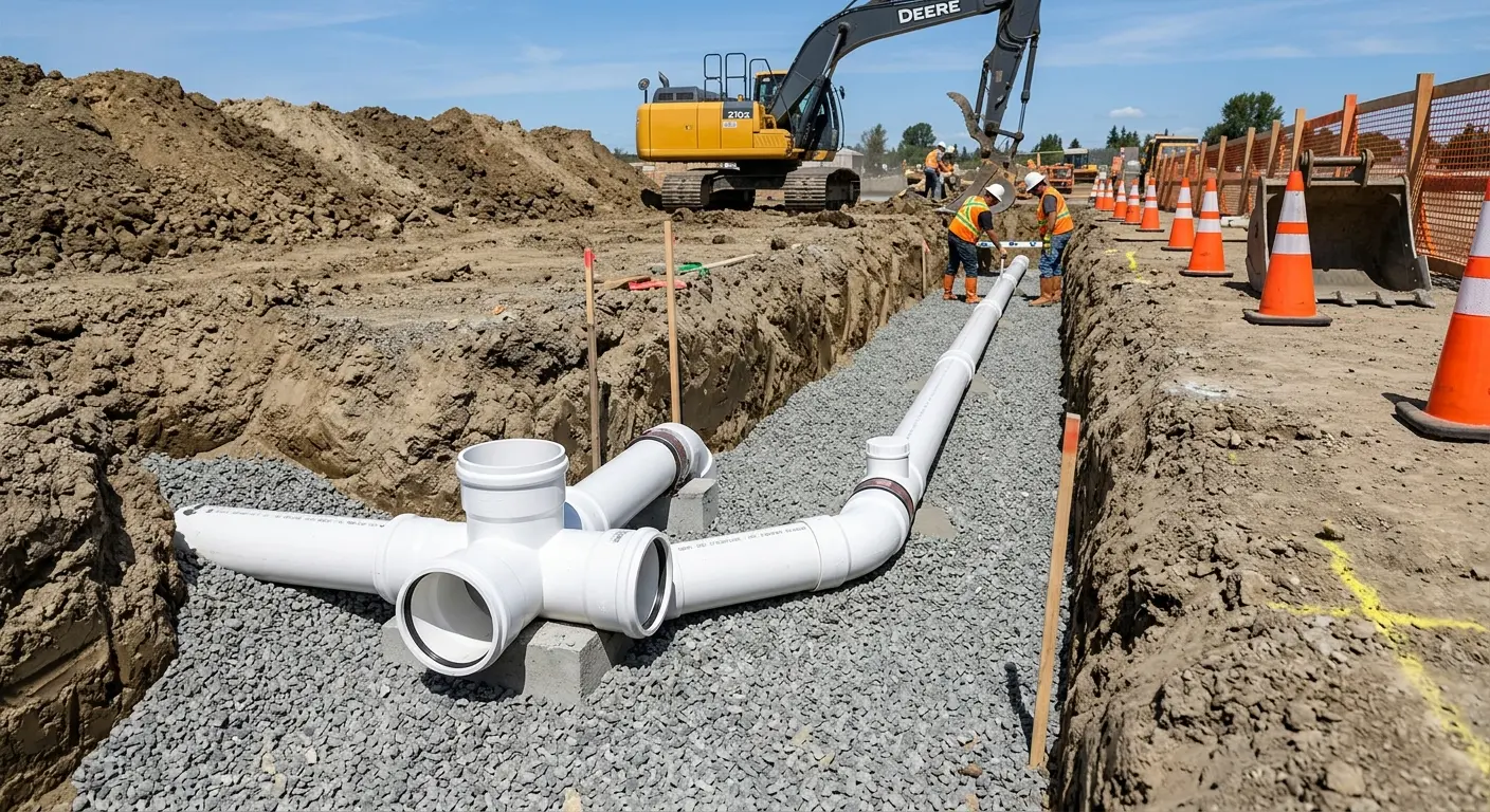 New PVC sewer pipe installation in open trench for Grease Trap Cleaning in Cedar Mill