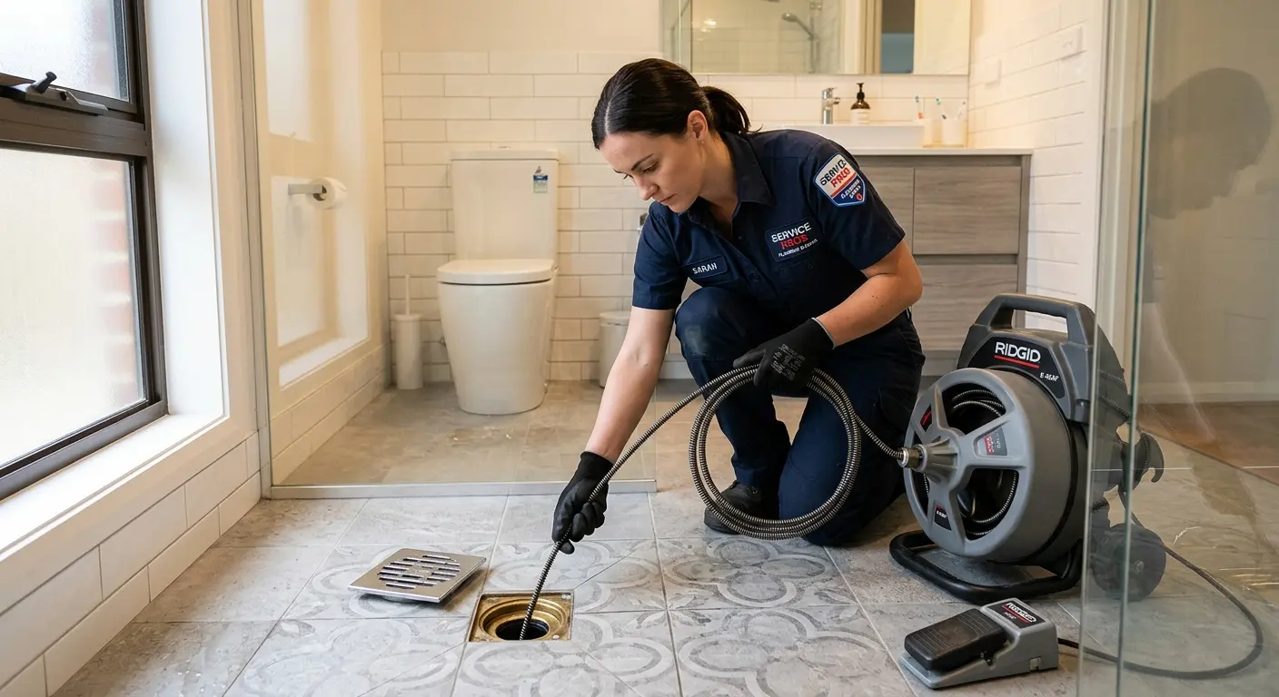 Technician clearing a bathroom floor drain for Sewer Line Installation in Cedar Mill